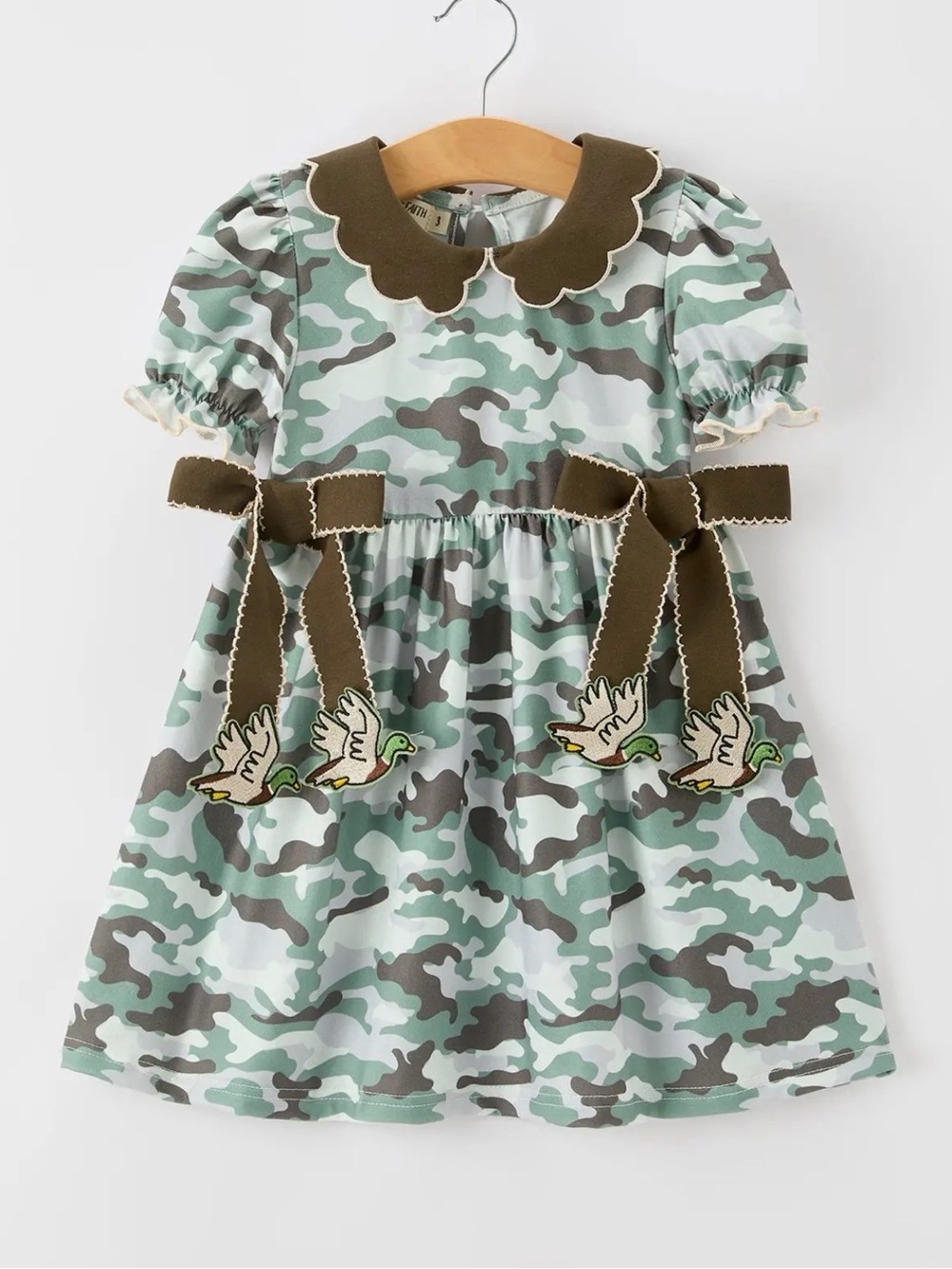 Girls' Green Camo Dress with Duck Appliqués and Scallop Collar